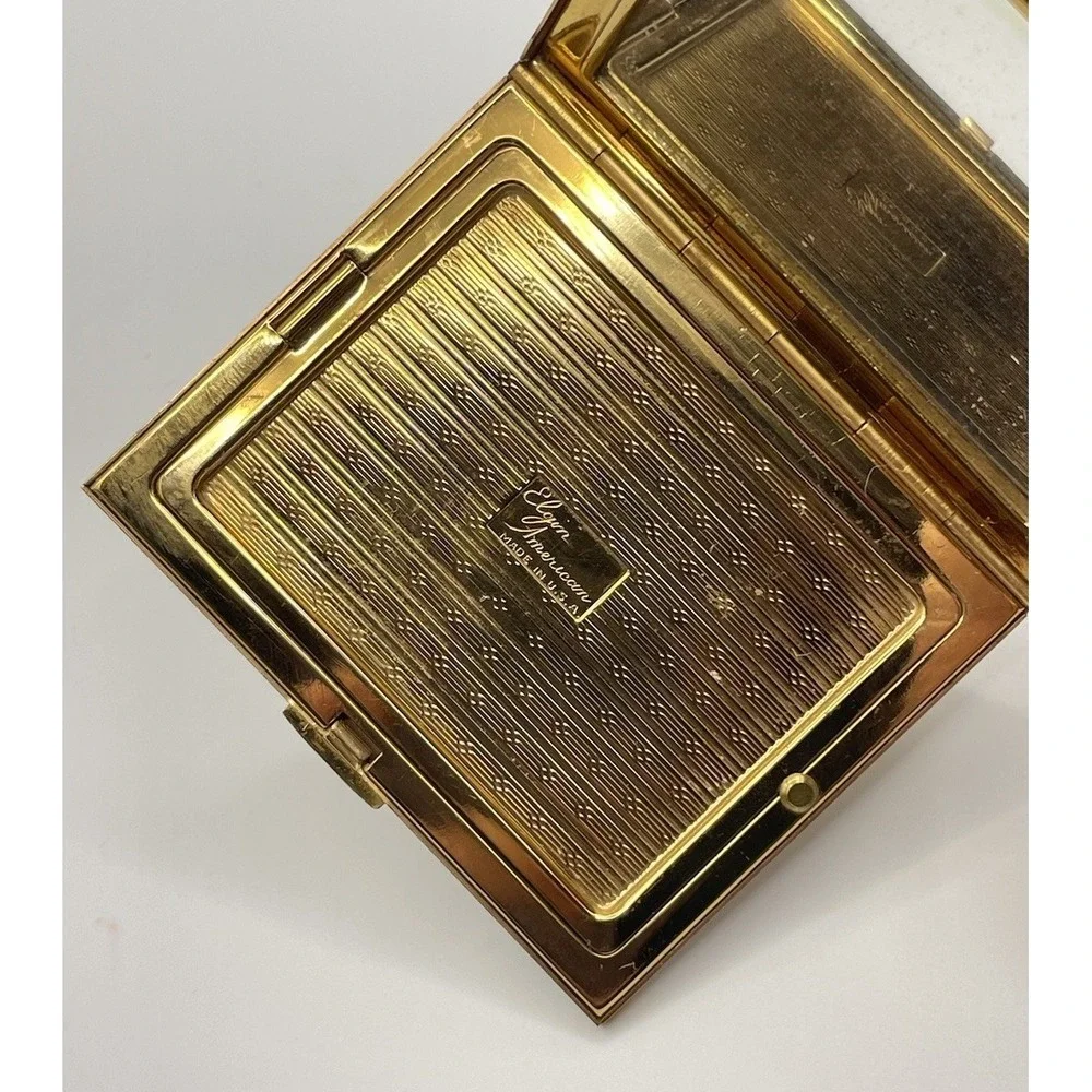 Vintage Elgin American Gold Tone‎ Etched Makeup Compact Mirror Mother Of Pearl